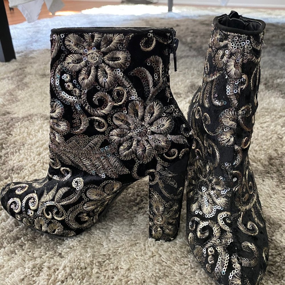 Velvet and Sequin Chunky Heel Booties